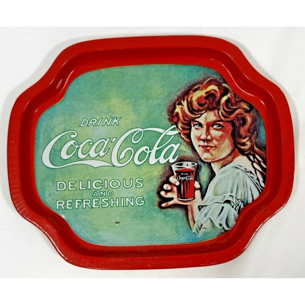 Coca-Cola Serving Tray Small Red Vintage Lady Scalloped Tin Metal 7.5x6.5